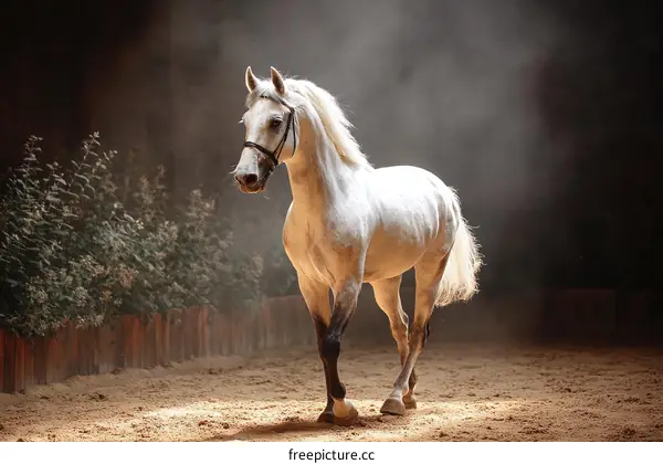 Majestic White Horse in Equestrian Arena