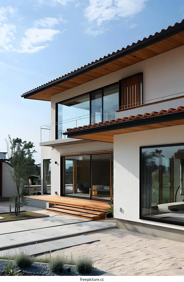 Modern Japanese Style Home with Wooden Deck and Sand Garden