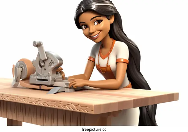 An illustration of a young woman using a leatherworking machine
