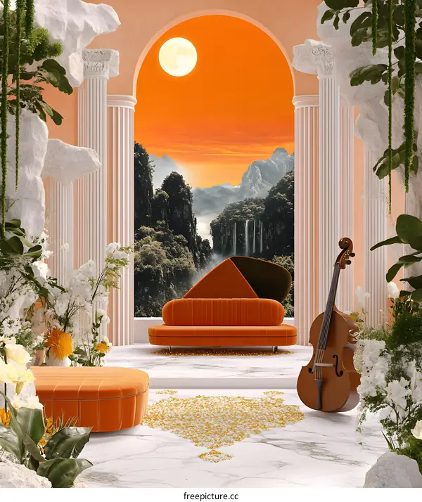 Orange Sofa and Double Bass in Classical Architecture with a View of a Mountain Landscape