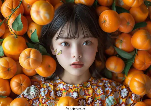 Asian Girl Relaxing in a Pile of Oranges