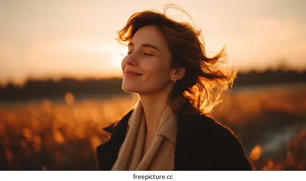 Woman enjoying sunset in a golden field