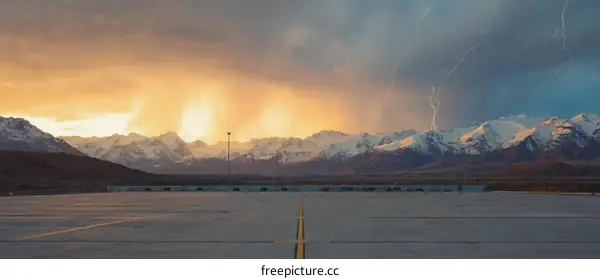 Dramatic Sunset over Snowy Mountains with Lightning