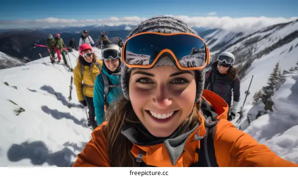 Group of friends snowshoeing in the mountains