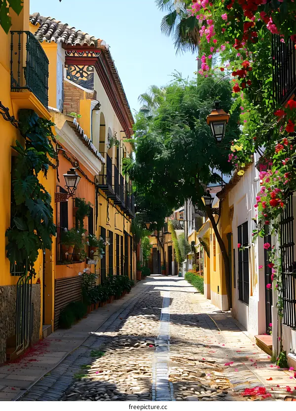 A narrow street with colorful houses and flowers in Spain