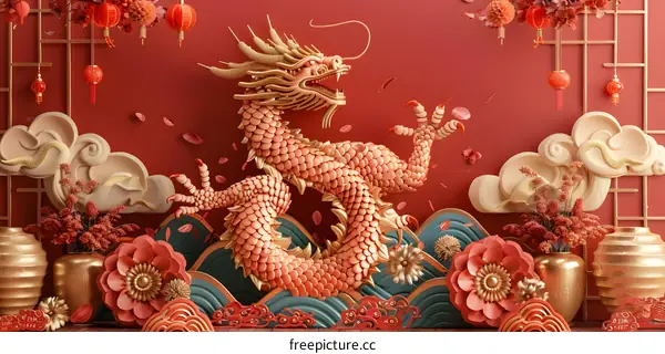 A golden dragon is flying in the sky.