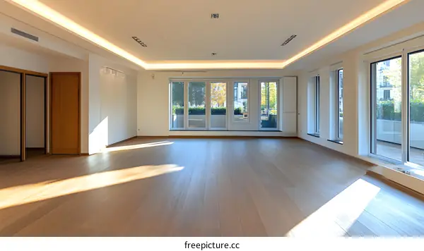 Empty Modern Room With Wooden Floor And Large Windows