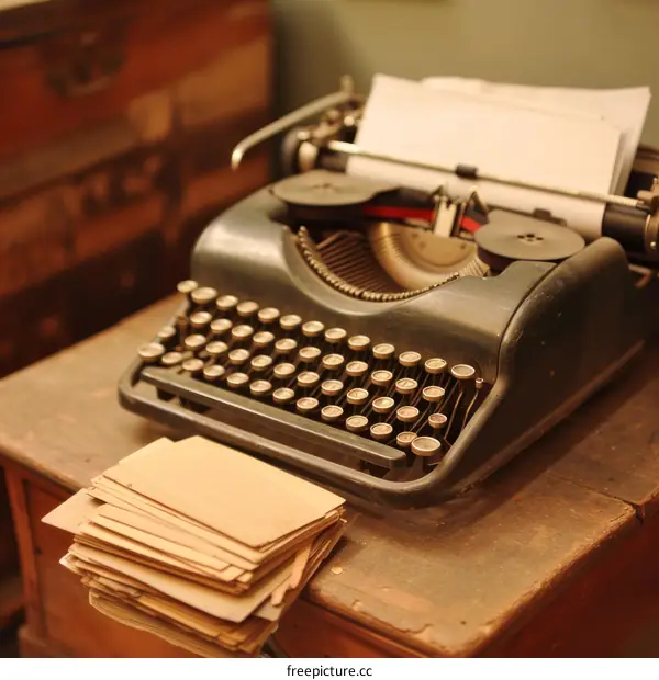 Vintage typewriter on a wooden table with a stack of papers