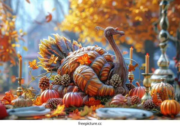 Thanksgiving Table Centerpiece with Jeweled Turkey, Pumpkins and Pine Cones
