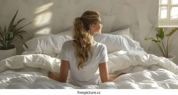Young woman sitting on a bed and looking out the window