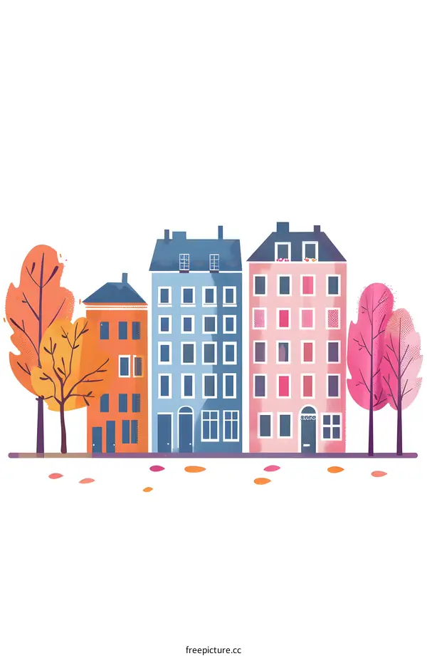 Colorful Autumn Cityscape Illustration with Row of Houses and Trees