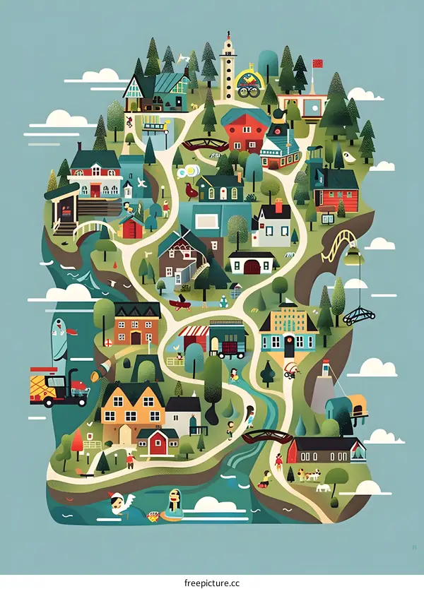 Illustration of a Small Town with Houses, Trees, and People