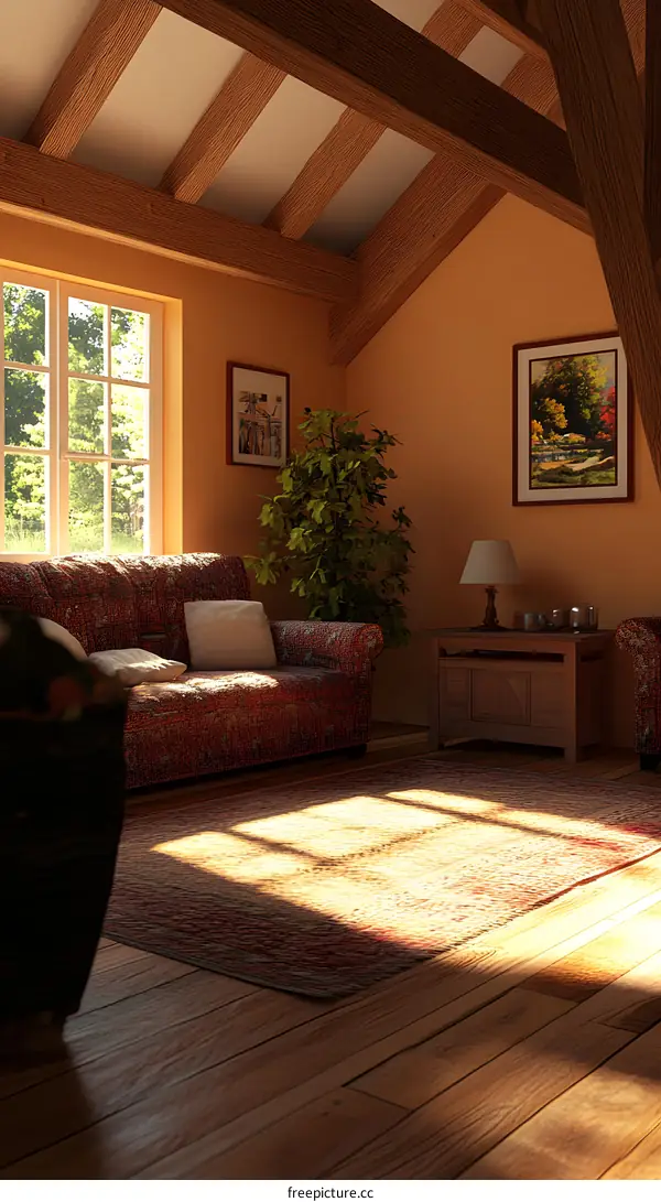 Cozy Living Room with Wooden Beams and a Rug