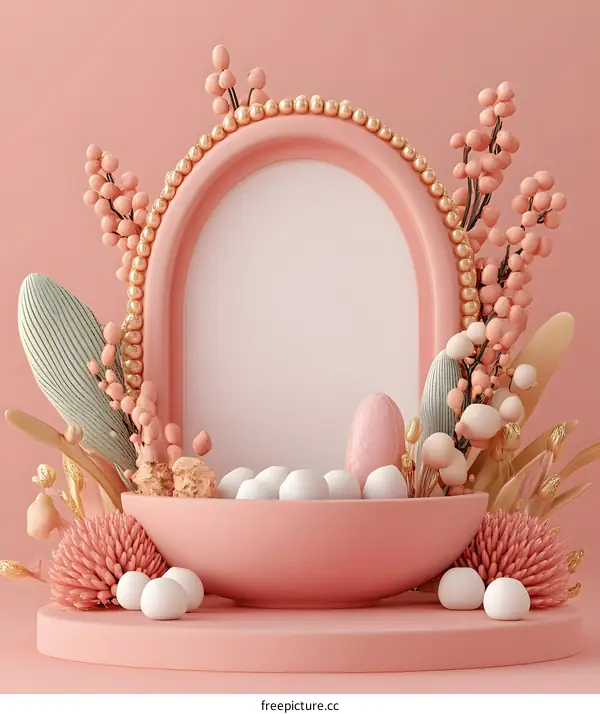 Pink Floral Arch with White Eggs and  Pastel Background