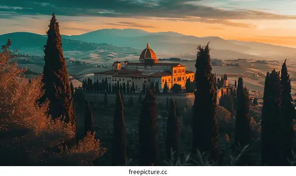 Tuscan Landscape with Church and Golden Sunset