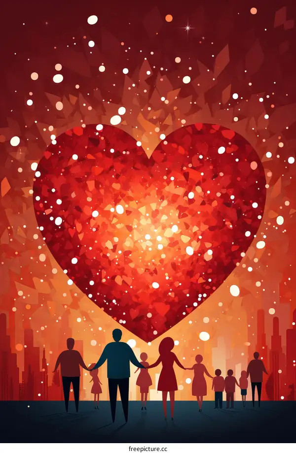 A group of people holding hands in front of a large red heart