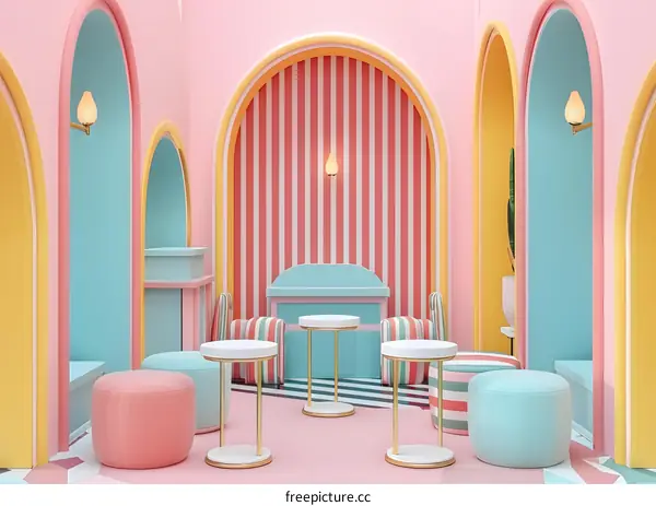 Pastel Pink and Blue Interior Design with Arched Doorways and Striped Walls