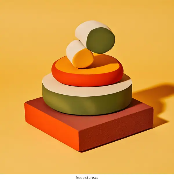 Abstract Stacked Colorful Geometric Shapes on Yellow Background