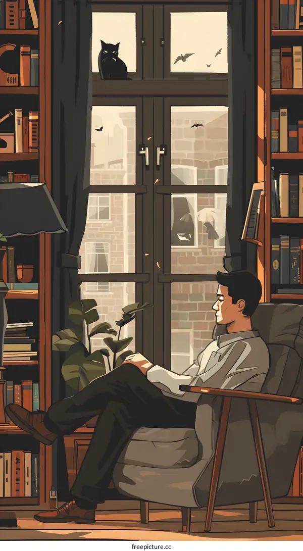 man sitting in chair looking out window at rainy city