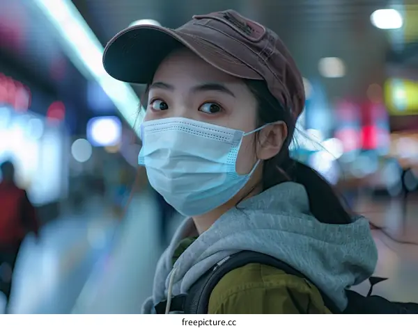 A young woman wearing a mask and a hat is looking at the camera.