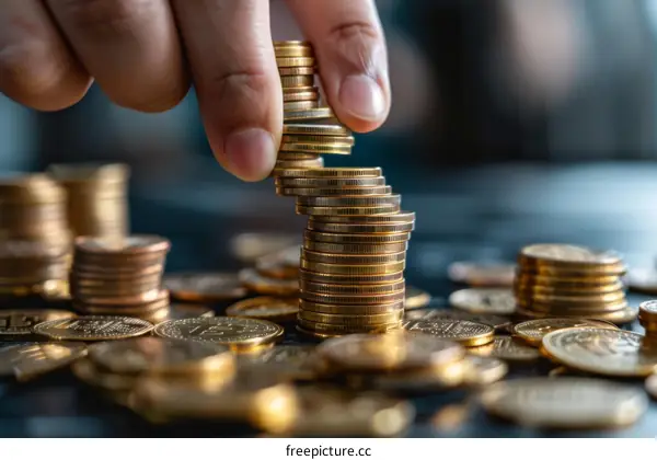 A hand stacking a pile of golden coins