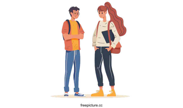 [Transparent Background PNG]Two Students Talking Illustration