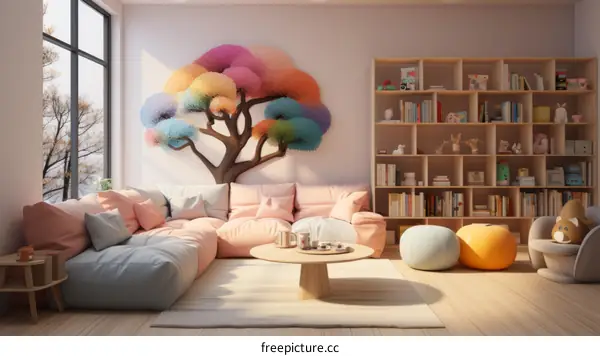 A Colorful Living Room with a Rainbow Tree Mural and a Sectional Sofa