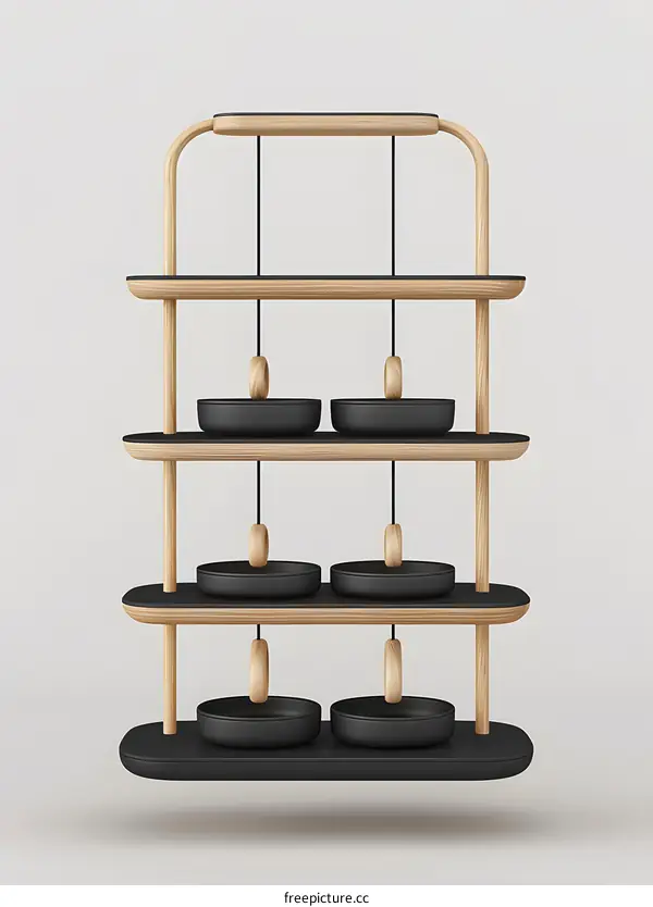 Wooden Hanging Shelf with Black Bowls
