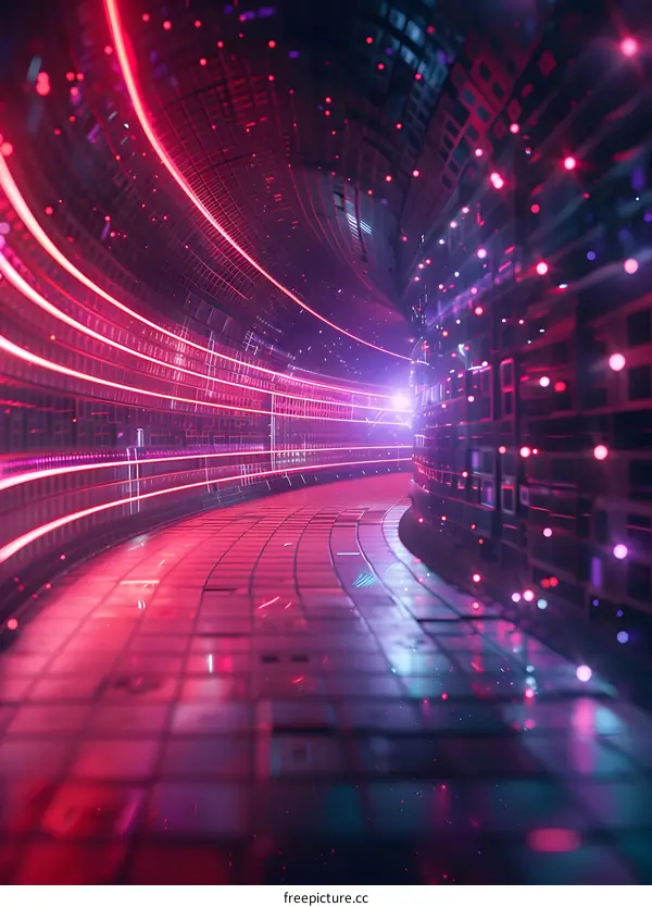 A glowing pink and purple tunnel with a bright light at the end