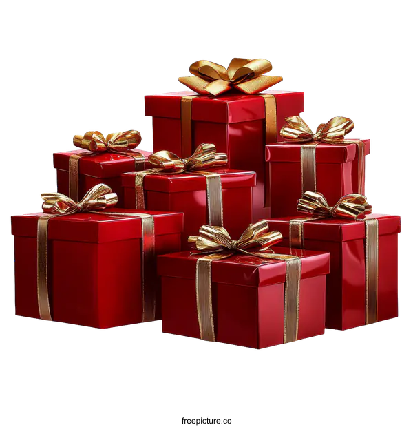 [Transparent Background PNG]Stacked Red Gift Boxes with Golden Ribbons