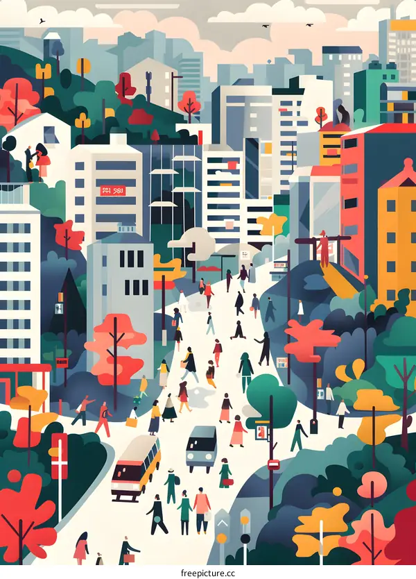 Abstract Illustration of Busy Cityscape with People and Vehicles