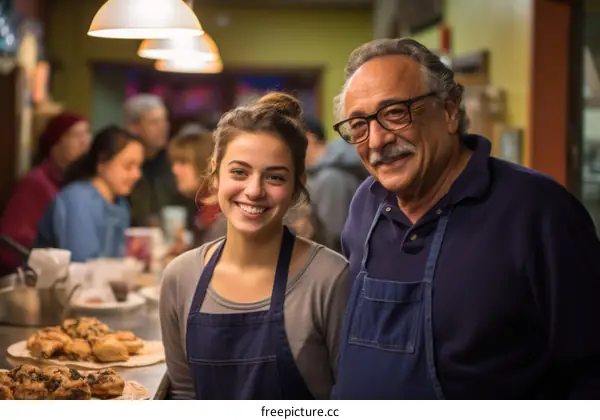 A young woman and an older man stand behind the counter at a bakery.