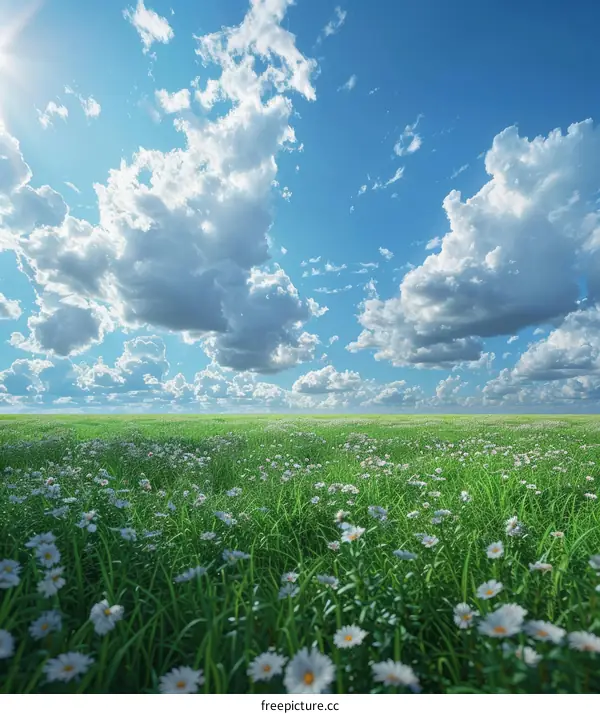 Field of daisies under a blue sky with white clouds