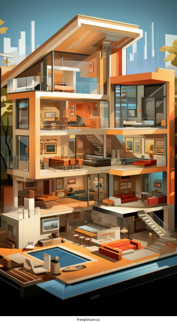A cutaway illustration of a modern house
