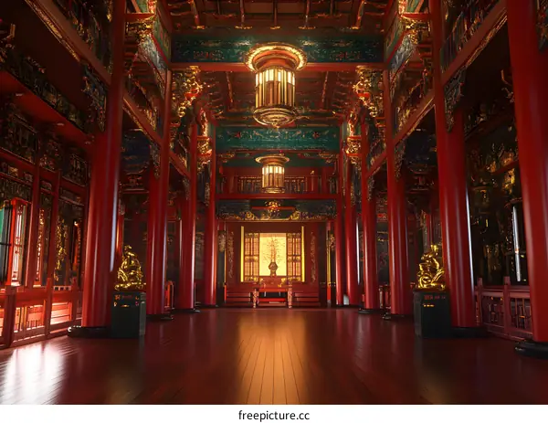 Traditional Chinese Palace Interior Design With Red Pillars And Golden Decorations