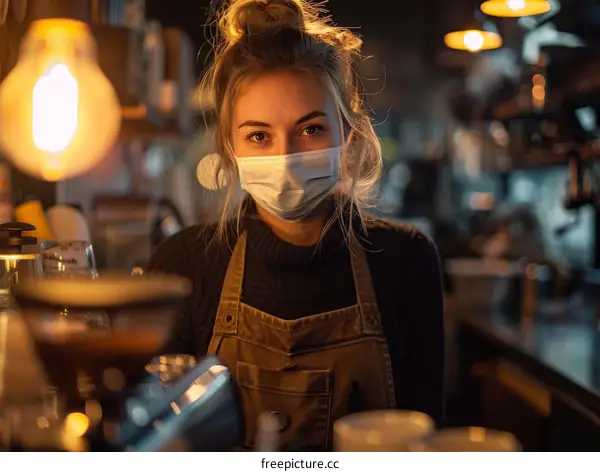 Portrait of a young woman wearing a mask in a cafe