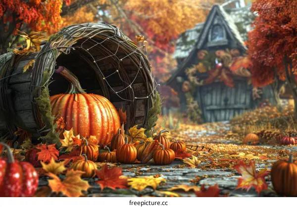An Autumn Scene with Pumpkins and a Cottage