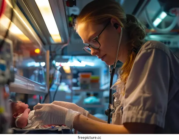 A female doctor is checking on a newborn baby in an incubator.