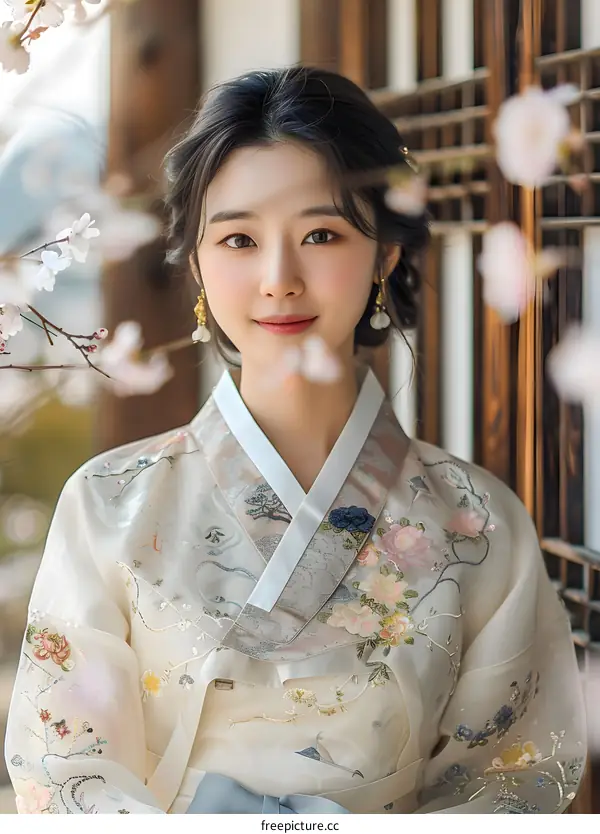 Portrait of a young Korean woman in traditional dress, or Hanbok
