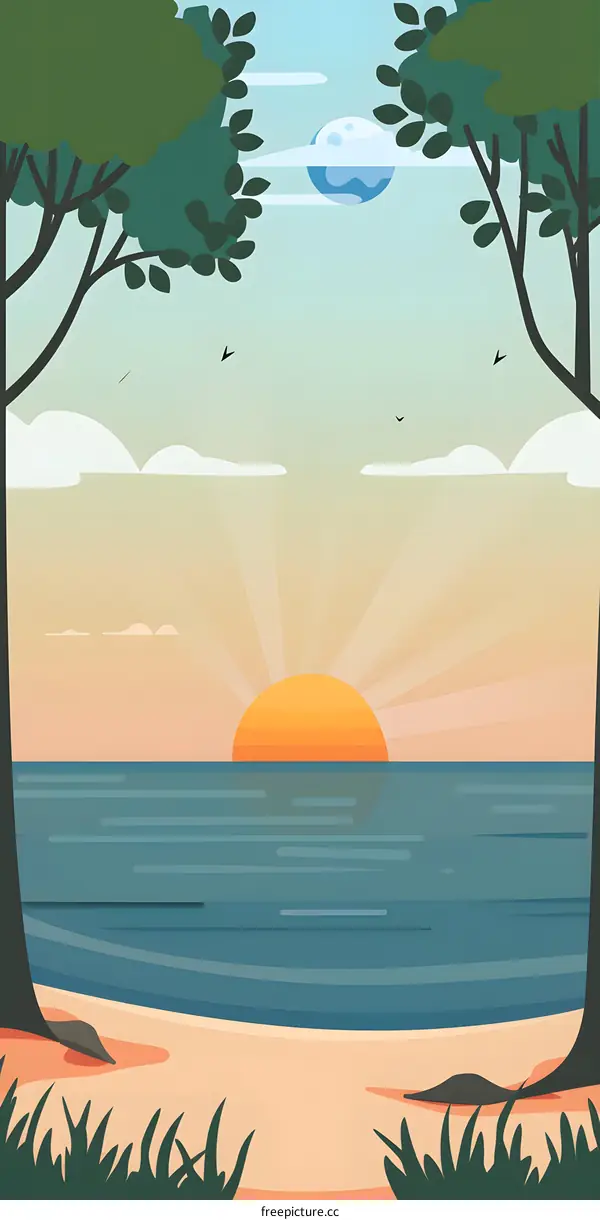 Sunset Over the Ocean with Trees on Either Side