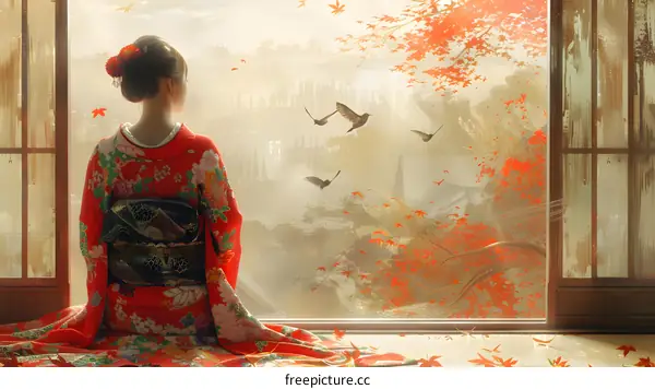 A woman in a red kimono looking out the window at a beautiful autumn landscape
