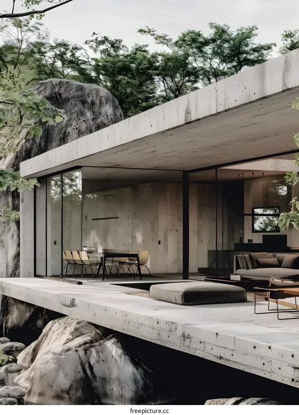 Modern Concrete House with Large Glass Windows Overlooking a Pond