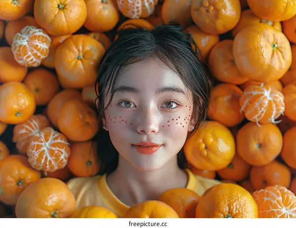 Close-up portrait of a young Asian woman lying in a pile of oranges