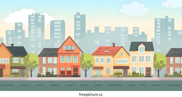 Colorful Suburban Houses with City Skyline in Background