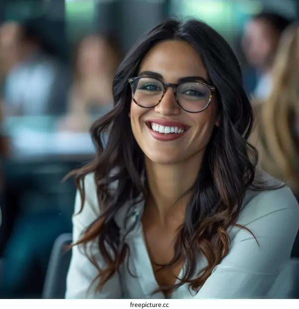 A young woman with brown hair and glasses is smiling.
