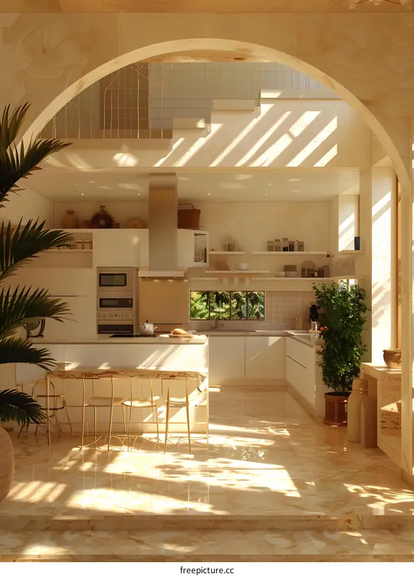 Modern Kitchen Design with White Cabinets and Marble Floor