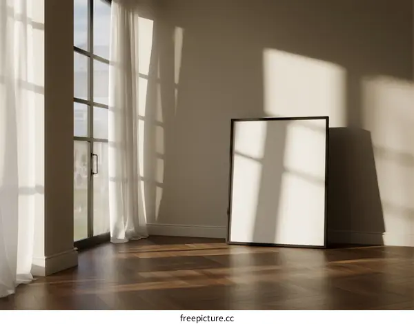 Sunlit room with empty picture frame and large windows