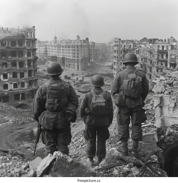 Three American soldiers survey the ruined city of Berlin, Germany, 1945