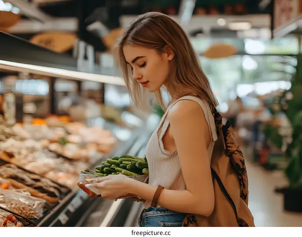 Young Woman Choosing Fresh Cucumbers at Supermarket