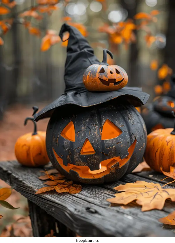 Halloween pumpkins in the woods